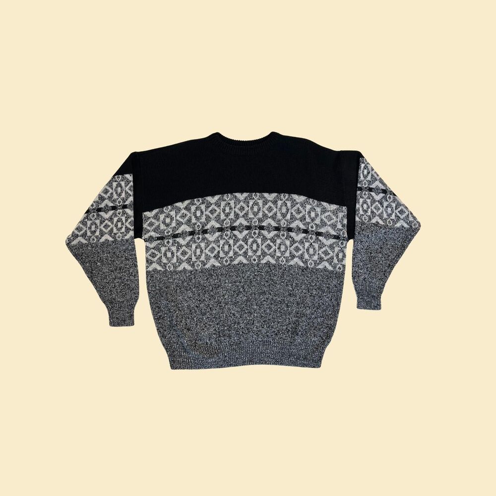 Vintage 80s/90s sweater, size XXL black/grey geometric crewneck knit pullover